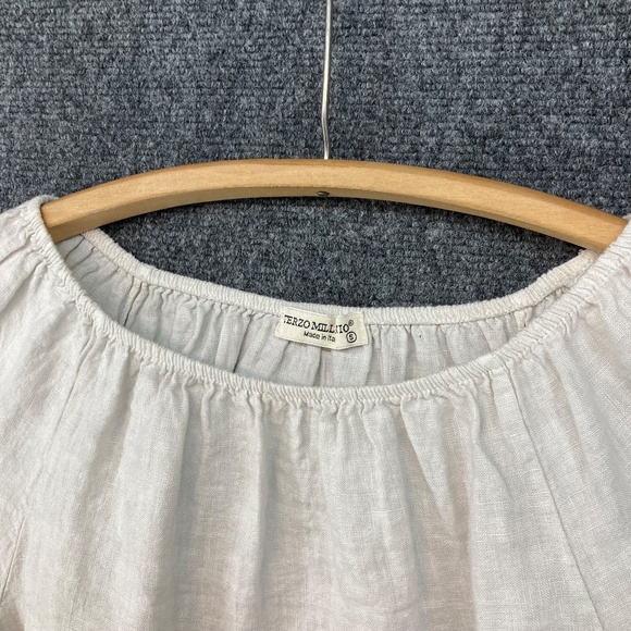 Terzo Millennio Linen Top Small Lace Trim Elastic Neckline Beige - Picture 3 of 8